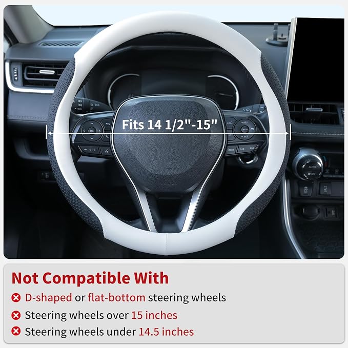 Uxcer Nappa Leather Steering Wheel Cover, Universal 14.5–15 Inch Non-Slip Breathable Steering Wheel Cover for Cars, White