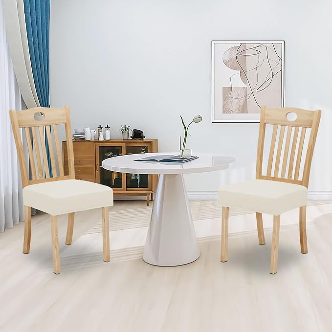 Easy-Going 100% Waterproof Seat Covers for Dining Room Chairs Set of 2, Stretch Chair Seat Slipcovers Protector Removable and Washable Kitchen Dining Chair Covers, Ivory