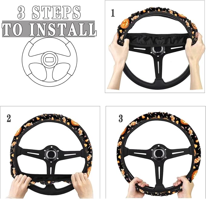 Wanyint Car Steering Wheel Cover Universal 15 Inch Anti-Slip Neoprene Auto Steering Wheel Protector Halloween Car Accessories Decor for Women Men, Pumpkin Candy