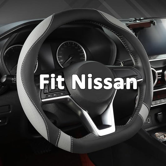 West Llama Flat Bottom Car Steering Wheel Cover for Nissan,D Shaped Steering Wheel Cover for Rogue,Altima,Kicks (Black+Gray-Standard Size)