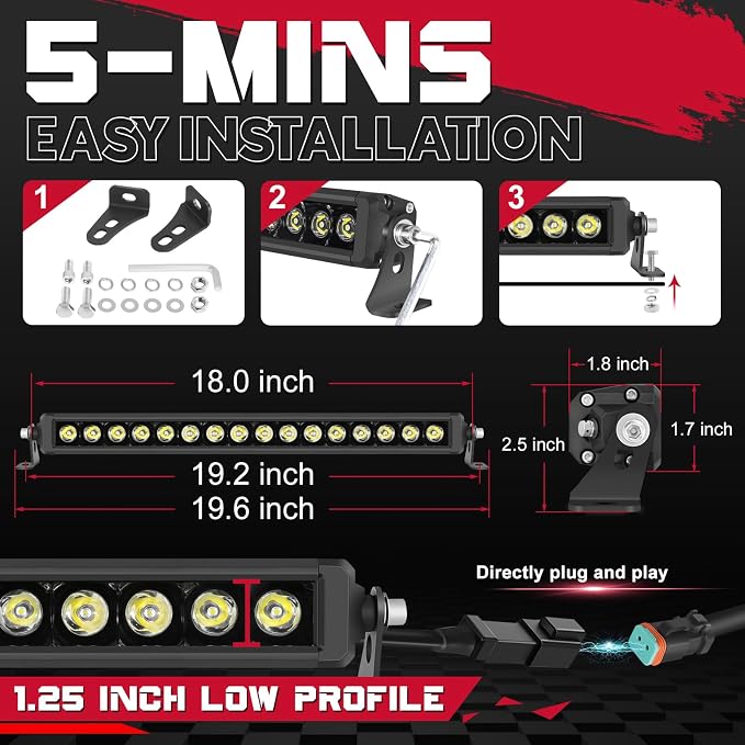 OFFROADTOWN 18 Inch 160W LED Light Bar Single Row Off Road Driving Lights Spot Bumper Grille Bars Slim LED Work Light with Wiring Harness for Truck Pickup UTV SUV Toyota RZR
