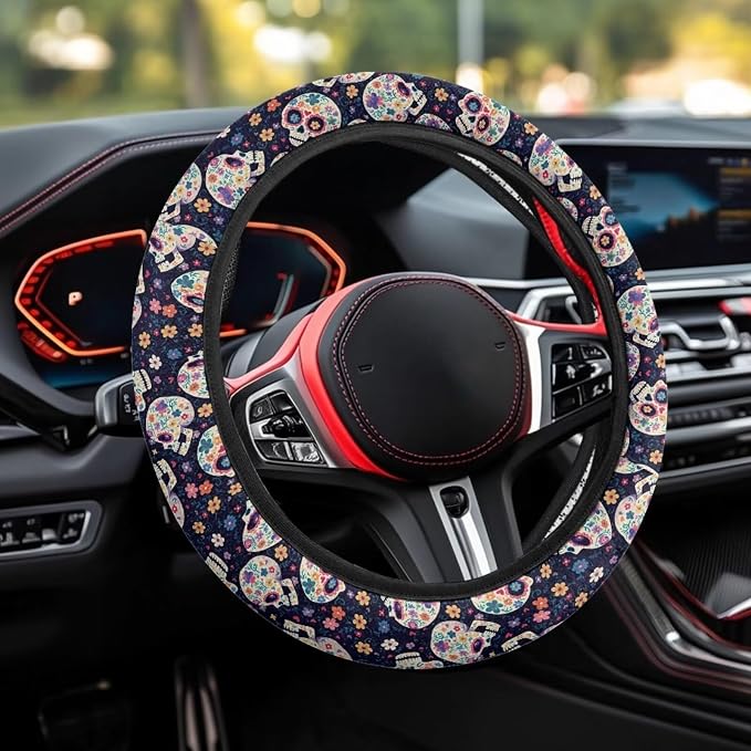 AFPANQZ Steering Wheel Cover for Women, Hippie Flower Skull Sweat Absorbing Non-Slip Steering Wheel Protection Case, Machine Washable Elastic Flexible Universal 14 to 15 inch