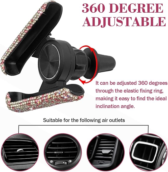 Bling Rhinestone Car Phone Holder, Mini Universal 360° Adjustable Auto Mount For Dash & Air Vent, Crystal Car Accessories For Women & Girls (Pink)