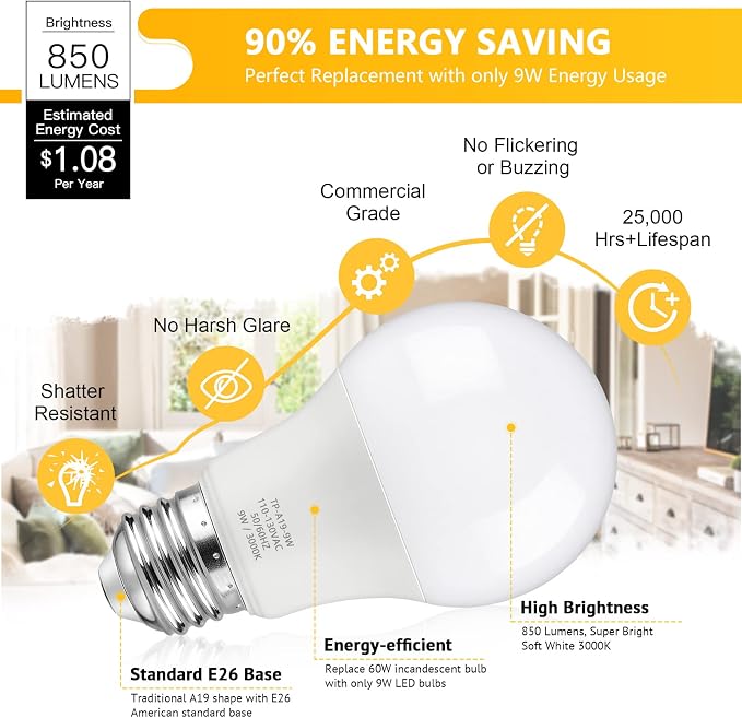 Maylaywood A19 LED Light Bulbs, 60 Watt Equivalent, Soft White 3000K, 850LM, E26 Base, Non-Dimmable, 9W Bright White LED Bulb, 4-Pack