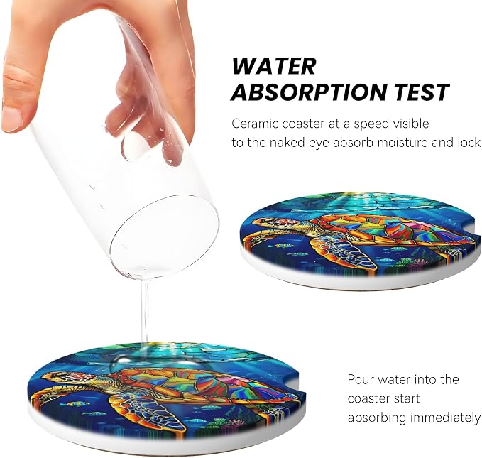 Sea Turtle Ocean Car Cup Holder Coasters 2 Pack 2.63" for Women | Stained Glass Universal Anti Slip Ceramic Absorbent Coaster with Cork Base and Finger Notch Cute Car Accessories Interior