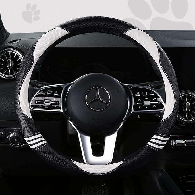 HighnessHwoo Car Steering Wheel Covers for Women Padded Carbon Fiber PU Leather Cute Auto Interior Accessories for Vehicle, Sedan, Universal, Anti Slip, White, Standard Size, 14.75-15.15in