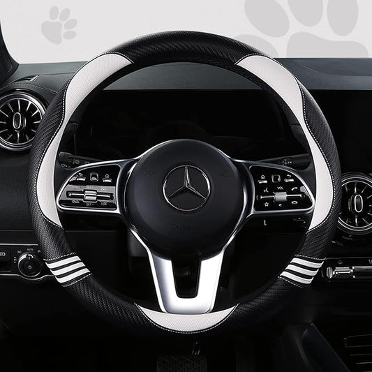 HighnessHwoo Car Steering Wheel Covers for Women Padded Carbon Fiber PU Leather Cute Auto Interior Accessories for Vehicle, Sedan, Universal, Anti Slip, White, Standard Size, 14.75-15.15in