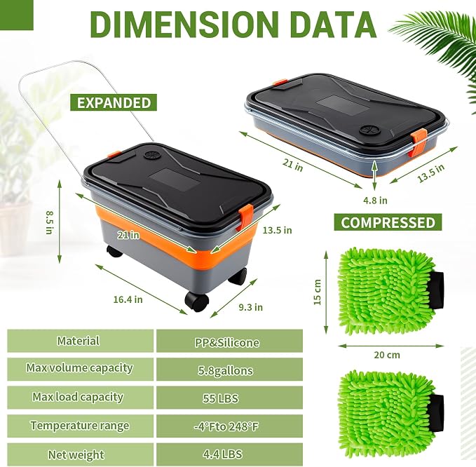 Maxdot Car Wash Bucket with Wheels Lid and Handle, 5.5 Gallon Collapsible Rolling Wash Bucket with 2 Microfiber Mitts for Car Cleaning, Camping, Rv & Pet Bathing