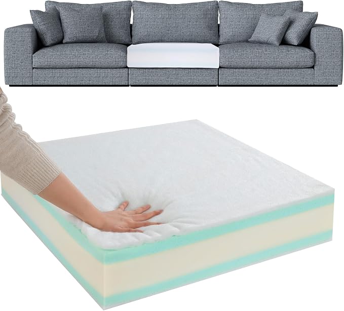 HOMBYS Memory Foam Couch Cushion Replacement, High Density Upholstery Foam Wrapped with Memory Foam & Polyester Batting, Sofa Cushions Inserts with Dacron Fiber Layer,with Removable Cover,6"x22"x22"