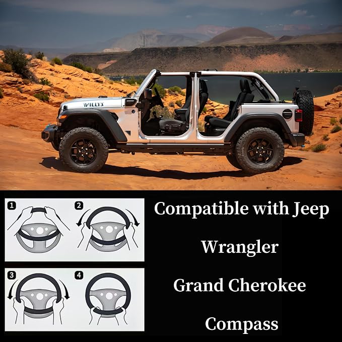 Yangday Leather Steering Wheel Cover for Jeep Wrangler Grand Cherokee Compass, 14.5-15 inches Car Steering Wheel Cover with Non-Slip Breathable (Black)