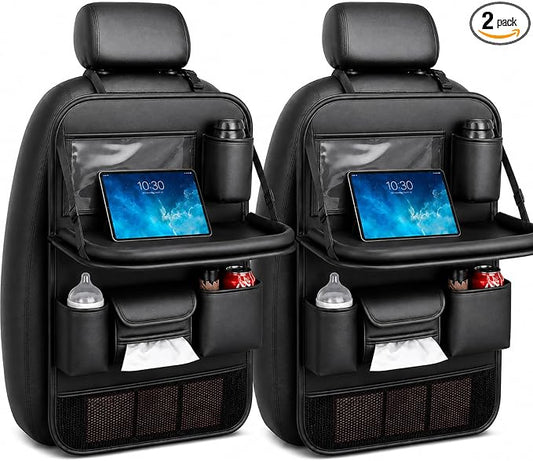 Backseat Car Organizer with Tray, PU Leather Back Seat Organizer, Foldable Seat Back Storage with Tissue Holder, Cup Holders for Family Road Trips, Black, 2 Pack