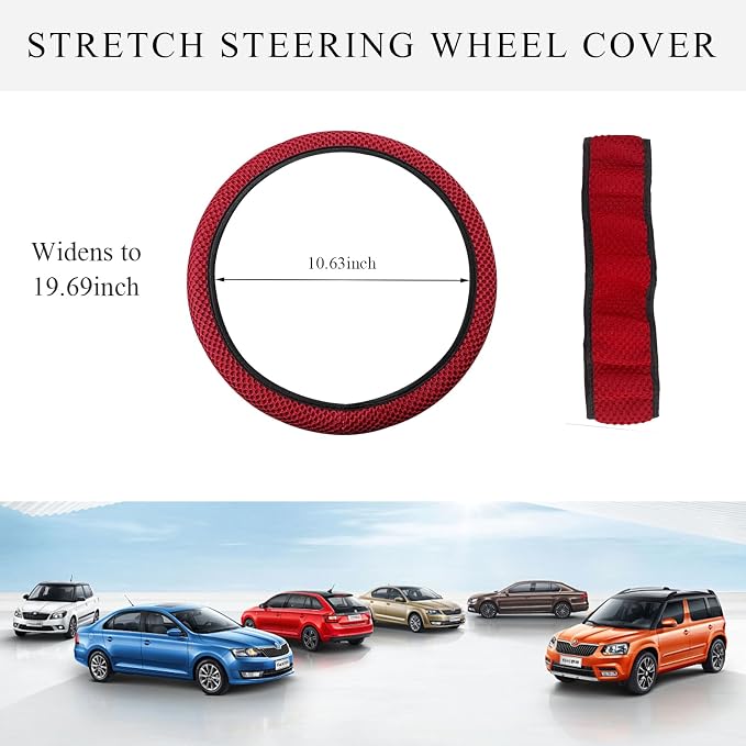 Yourkar Elastic Steering Wheel Cover, 15"×15" Comfy Breathable Stretch Steering Wheel Protector, Ice-Silk Cloth Polyester Steering Wheel Cover for Men Women, Car Accessories (Wine Red)
