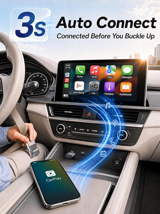 Wireless CarPlay Adapter for Apple Daily Commute, Wired to Wireless | Ultra Mini, Cooling Design, Fast Stable Connection, Easy to Set Up, USB C/A, Bluetooth 3s Reconnect, Maps Music Calls