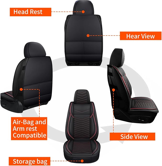 HChengkikz Front Car Seat Cover, Waterproof Faux Leather (Black + Redline) | Easy Maintenance, Airbag Compatible, Universal Fit For Most SUVs Trucks Pick-ups Sedans