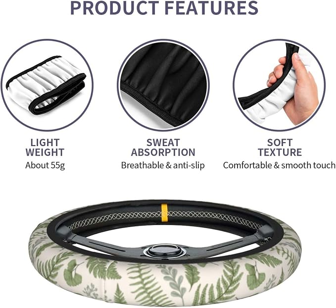 Vintage Botanical Leaves Steering Wheel Cover For Women Men Girls, Universal 15 Inch Anti Slip Steering Wheel Protector Car Accessories Interior For Auto Truck Suv