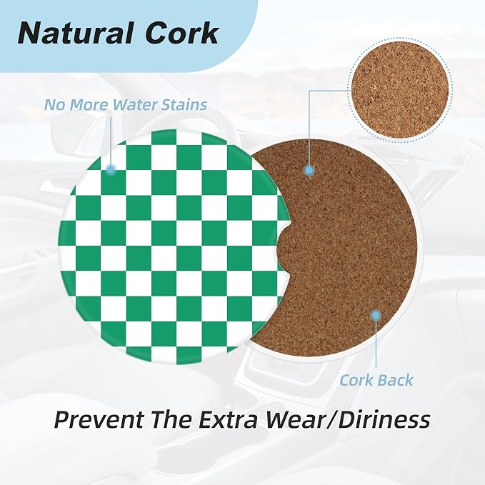 Green and White Checkered Car Coasters for Cup Holders,2 Pack Car Cup Holder Coasters for Car,Ceramic Absorbent Car Coaster with A Finger Notch and Cork Base,Car Interior Accessories for Women Men