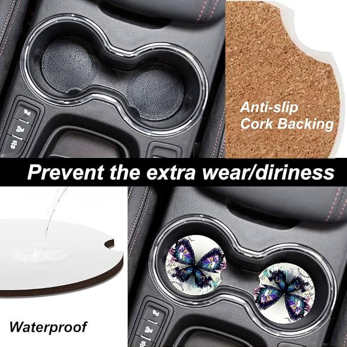 2 Pack Absorbent Car Coasters for Cup Holders,Ceramic Coasters with Cork Back and Finger Slot,Fashion Cupholder Accessories to Keep Your Car Cup Holders Clean and Dry 2.56"(Watercolor Butterfly)