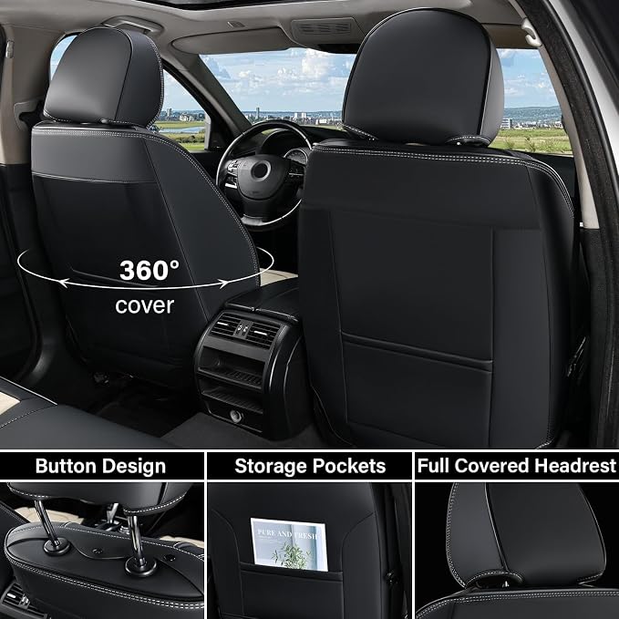 Coverado Seat Covers, Car Seat Covers Full Set, Leather Seat Covers for Cars, Automotive Seat Covers Car Seat Protector Car Accessories Fit for Most Sedans SUV Pick-up Truck(Black&Beige)