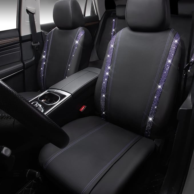 CAR PASS Bling Diamond Car Seat Covers Full Set,Shining Rhinestone Waterproof Faux Leather,Rear with Zipper,Universal Fit Automotive Glitter Crystal Sparkle Strips for Women,Violet Purple Rhinestone