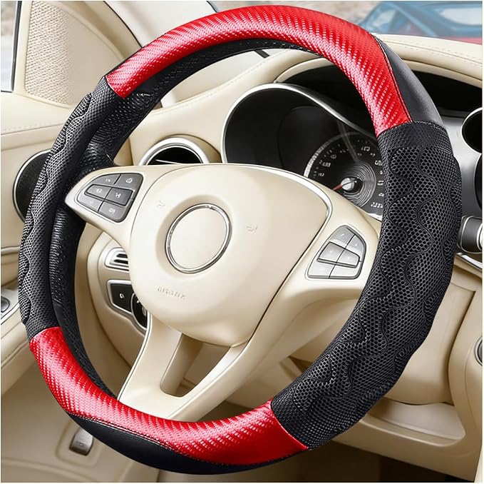 HZEL Car Steering Wheel Cover, Carbon Fiber Breathable Soft Grip Vehicle Steering Wheel Protector with Anti-Slip Lining, Automotive Interior Protective Decor Accessories, Universal Fit (Red)