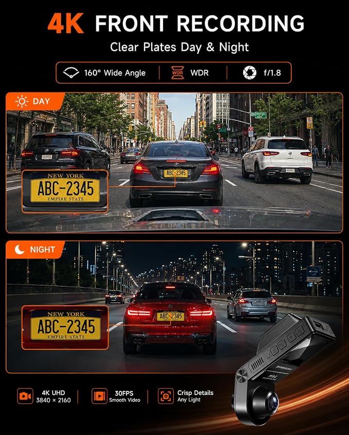 360° Dash Cam Front and Inside 4K+2.5K, 2 Channel Dashcam for Car | 185° Cabin Fisheye Car Camera with Night Vision, WiFi APP, GPS, G-Sensor, Parking Mode and 64GB Card Included