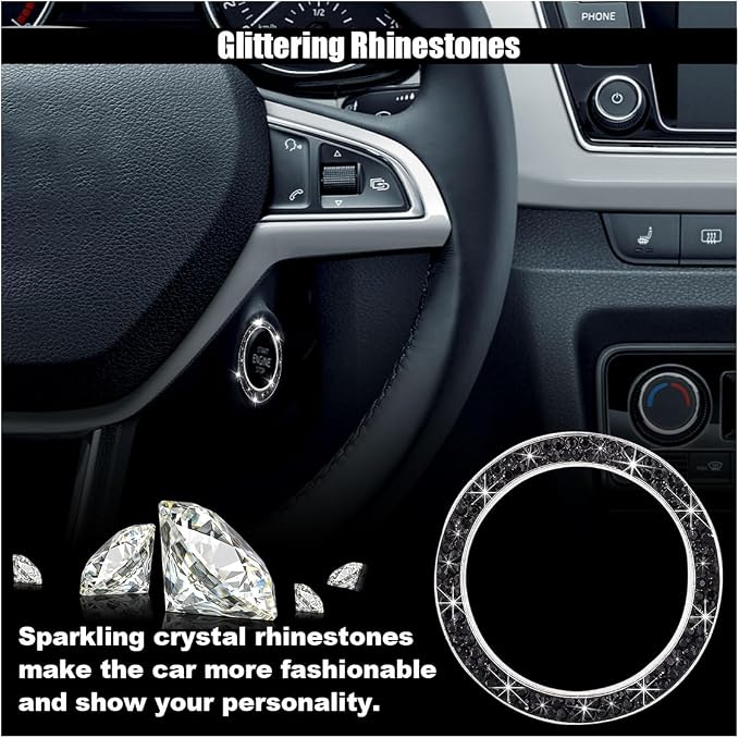 GLSOWEE Car Bling Crystal Rhinestone Engine Start Decoration Ring, Ring Start Button Cover Sticker Key Ignition & Knob Ring Decoration, Bling Car Interior Accessories for Women (Black)
