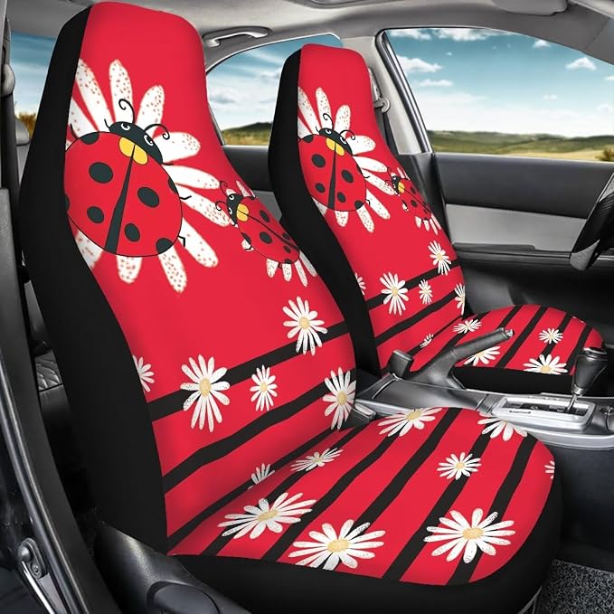 Cartoon Ladybirds Front Seat Covers for Cars White Daisy Driver Car Seat Cover Soft Comfort Bucket Seat Covers Universal Fit for SUV Truck Sedan