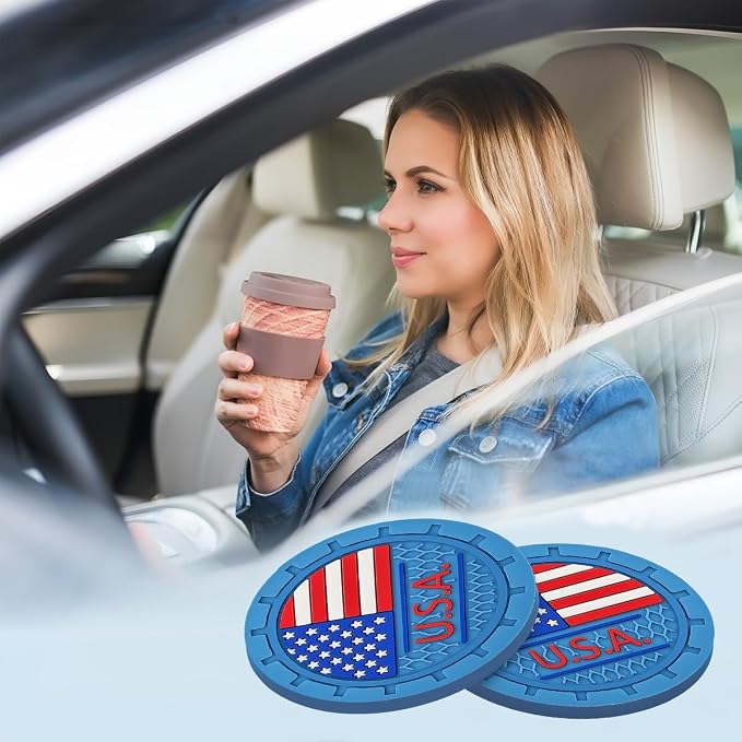 AUCELI 2 Pack Car Cup Holder Coasters, Colored American Flag US Flag Insert Car Cup Coaster, 2.75 Inch Anti Slip Shockproof Embedded Drink Mat, Vehicle Interior Decor Accessories