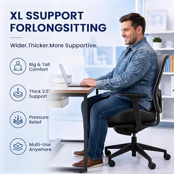 CJACSOC Seat Cushion, Extra Large Memory Foam Cushion for Office Chair Cushions, Ergonomic Cushions Pad Pillow for Pressure Relief Sciatica & Pain Relief for Long Sitting