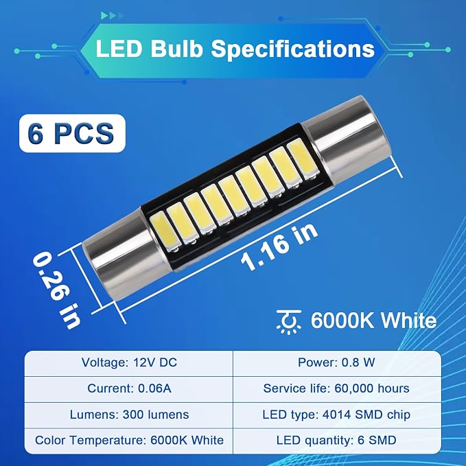 ecocstm 6 PCS 29.5mm LED Car Bulb, Extremely Bright 9-SMD 4014 Chips, Xenon Festoon Light Bulb 6614F 6641 6612F, Automotive Light Bulbs 12V for Vanity Mirror, Sun Visor, and Dome Light