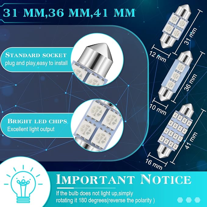 Frienda 70 Pieces LED Car Bulb Kit Interior Light, License Plate Light, Blue