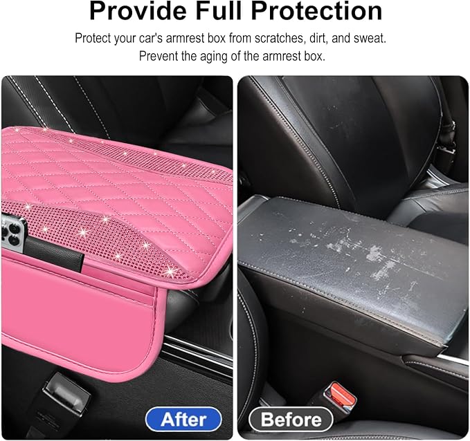 NBTEPEM Bling Pink Car Center Console Cover, Leather Middle Console Cover with 2 Storage Bags, Universal Arm Rest Cover Protector, Bling Car Accessories Interior Fit for Most Vehicles, Pink Leather