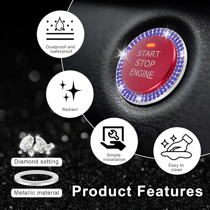 LivTee Car Engine Start Stop Decoration Ring, Crystal Double Rhinestone, Bling Car Interior Accessories for Women, Key Ignition & Knob Bling Ring, Push to Start Button Cover/Sticker, Dark Blue