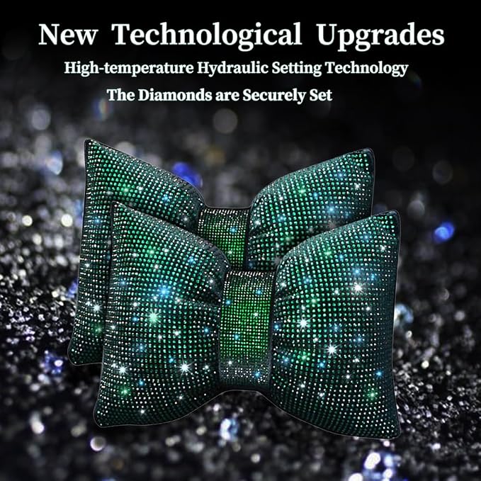 Bling Car Pillows Rhinestones Bowknot Neck Cushion Pillowsdiamond-Studded Headrest Accessories for Women Colourful Rhinestone Car Accessories Green 2Pcs