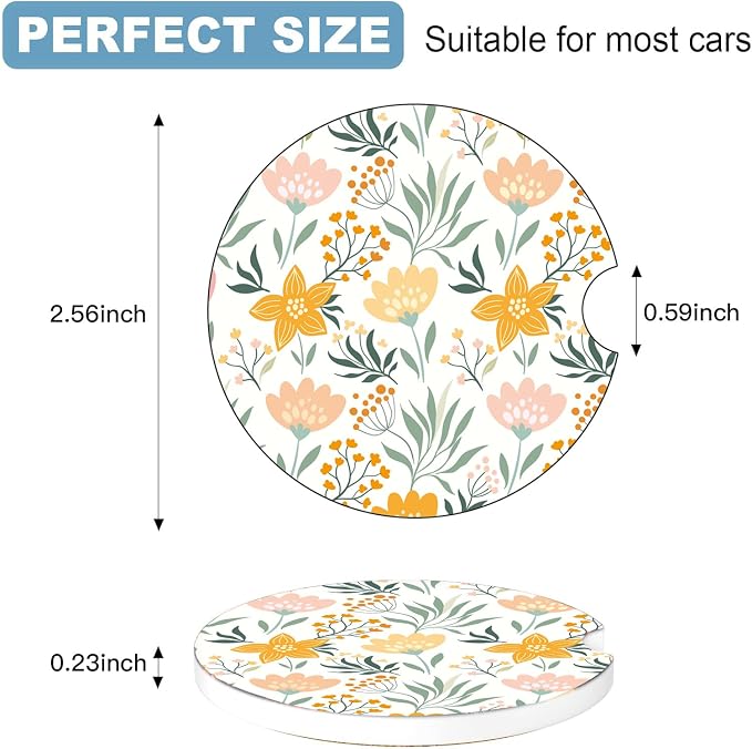 Car Cup Holder Coaster Set of 2, 2.56 in Ceramic Coasters, Scratch-Resistant Cork Backing, Finger Groove Design for Easy Placement, Cute Car Accessories Interior for Women (Yellow Flower)