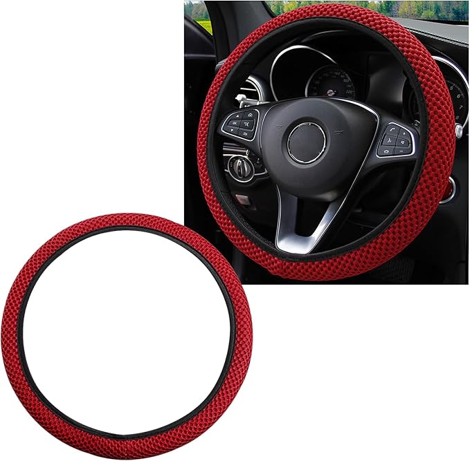 Yourkar Elastic Steering Wheel Cover, 15"×15" Comfy Breathable Stretch Steering Wheel Protector, Ice-Silk Cloth Polyester Steering Wheel Cover for Men Women, Car Accessories (Wine Red)