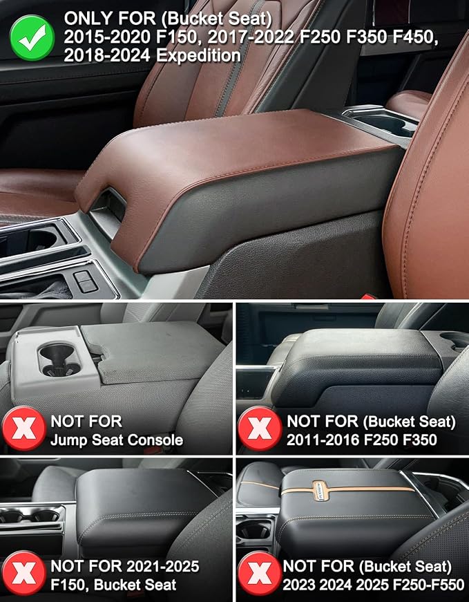 KBH Center Console Armrest Cover for 2015-2020 Ford F150, 2017-2022 F250-F550, 2018-2024 Expedition, Bucket Seat, PU Leather Cushion Pad, Anti-Scratch (Not for Other Years)