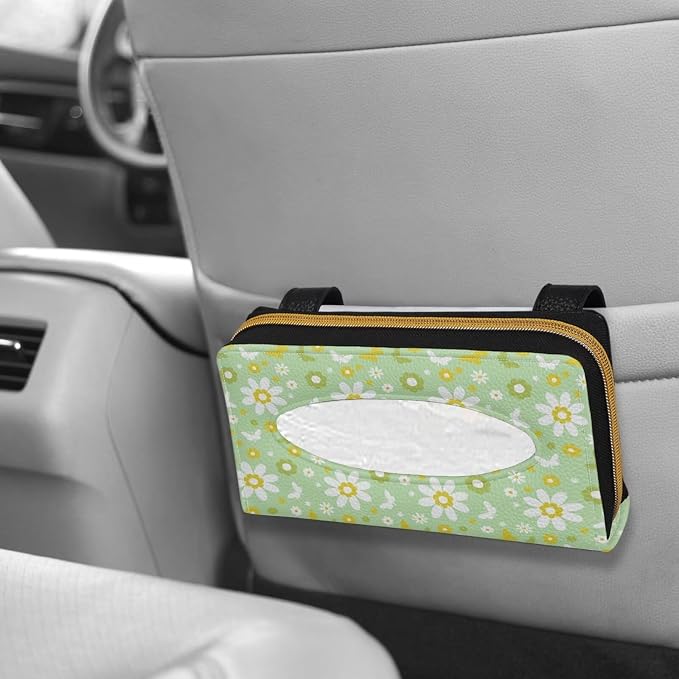 Daisy Print Napkin Holder PU Leather Car Tissue Holder Universal Car Interior Accessories for Trucks SUV Sedans Green