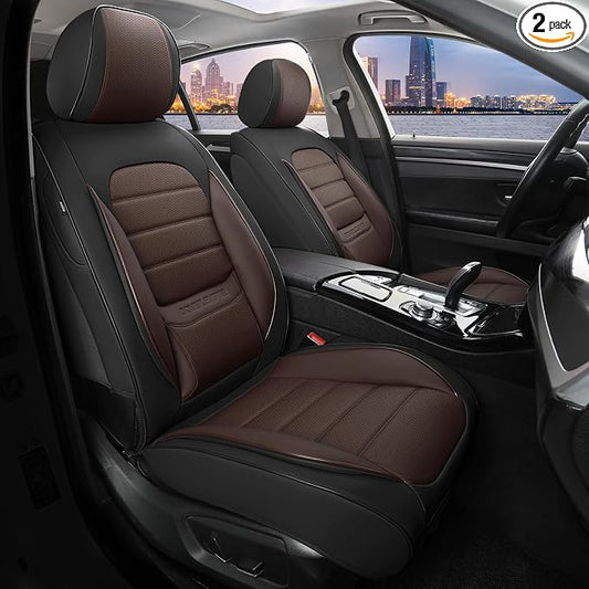 Front Car Seat Covers, 2Pcs Universal Leather Car Seat Covers, Full Coverage Waterproof Automotive Seat Covers, Breathable Car Seat Protector for Most Trucks SUVs Sedans, Black&Brown