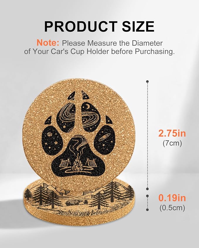 Swooflia Car Coasters for Men - Camping Cork Car Cupholder Coaster Cool Absorbent Mat Coaster with Cork Base 2 Pack Automotive Cup Holder Accessories New Driver Gifts