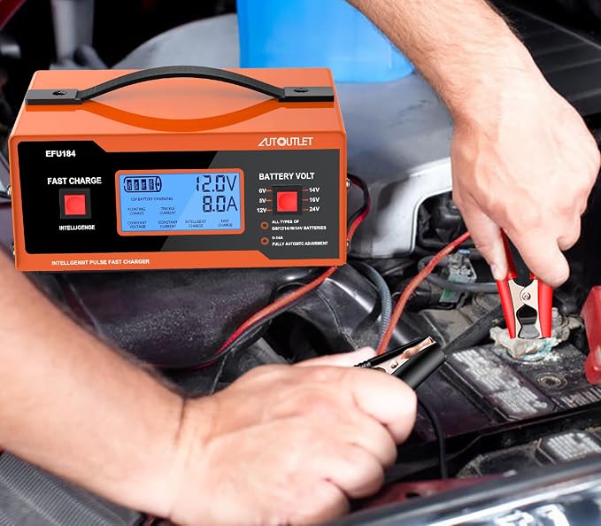AUTOUTLET 8V Car Battery Charger, 0-14A Fully Automatic 6/8/12/14/16/2 Lead-Acid Battery Charger & Maintainer with 7-Stage Charging, Overcharge Protection, Reverse Polarity LED Indicator, 80cm Cable