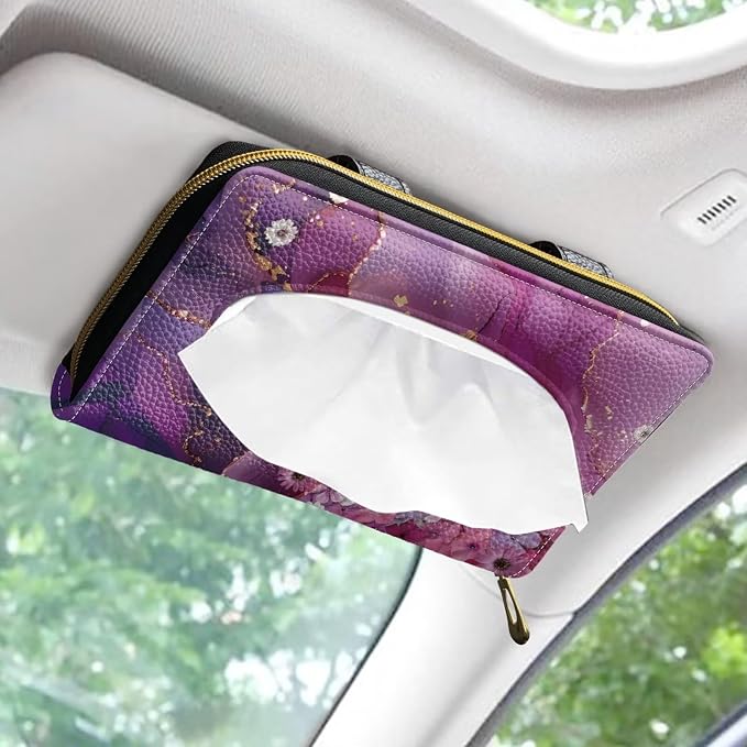 Purple Marble Flower Automotive PU Leather Backseat Tissue Case Holder Universal Car Visor Tissue Holder for SUV Sedans Vans