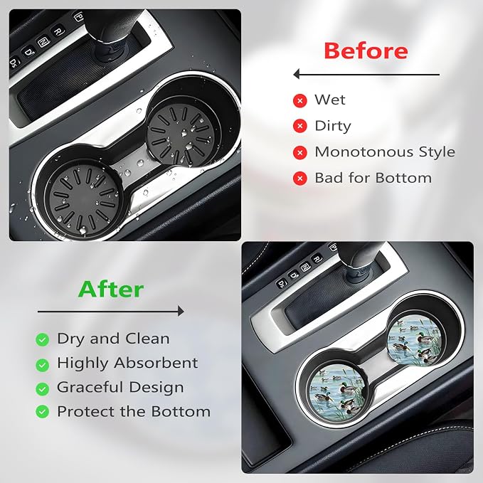 Ceramic Car Cup Coasters 2PCS - Retro Duck | with Cork Back & Finger Slot, Anti-Slip Shock Absorbing, Universal Car Interior Accessories for Men Women