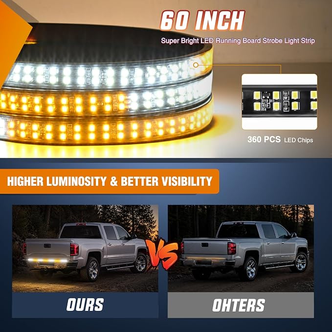 Nilight 60 Inch Truck Tailgate Strobe Light Strip Tail Emergency Bar Rear Window Warning Lamp Ultra-Bright Double Row 360 LED for Pickup Trailers Construction Vehicles Car SUV, Amber White