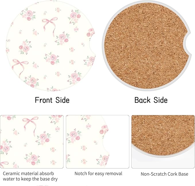 Vintage Flowers Car Coasters,Absorbent 2 Pack for Cup Holders with Finger Notch,2.56 inches Ceramics Heat Resistant Anti Slip Cork Base Car Drinks Coasters Auto Cup Holder