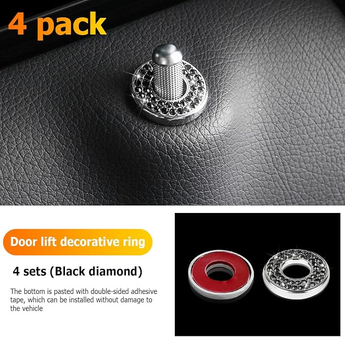 Osilly 4 Pcs Bling Car Inner Door Lock Covers, Crystal Pull Rod Bolt Stickers, Sparkly Rhinestones Auto Door Bolt Decorations, Vehicle Lock Pin Cap Decors for C Class C200L GLC260 C260L (Black)