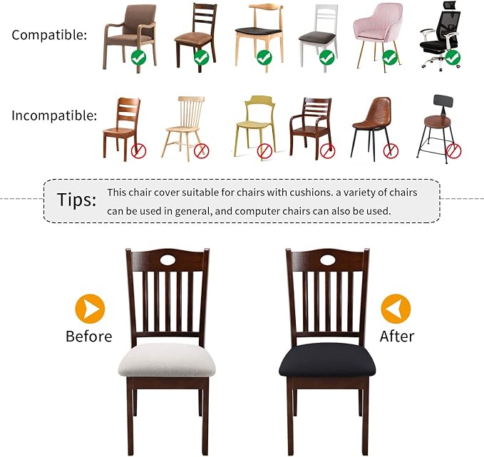 Fuloon Stretch Chair Seat Covers 4 PCS, Removable Washable Dining Chair Covers Anti-Dust Dining Room Seat Cushion Slipcovers (4, Black)