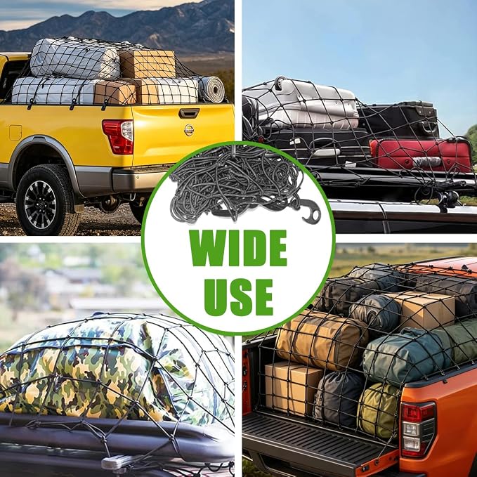 4' x 6' Cargo Net for Pickup Truck Bed Stretches to 6' x 12' Heavy Duty Roof Rack Cargo Bungee Mesh Netting with Hooks Carabiners for Ford Chevy Dodge Ram Toyota