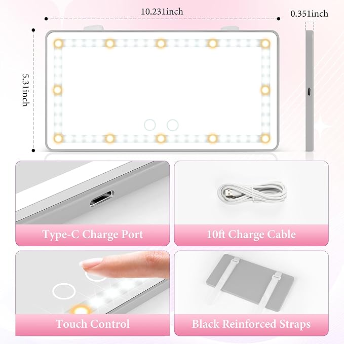 SINGARO Car Sun Visor Vanity Mirror - Rechargeable Makeup Mirror with 60 LEDs, 3 Light Modes & Dimmable Touch Control for Cars, Trucks, SUVs, Car Interior Accessories for Women (Grey)