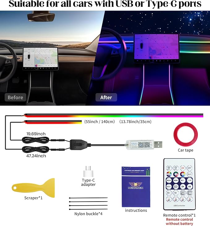 KENANEK 55.12Inch 6in1 Tesla Interior Lights, 5V USB & Type-C Powered, Acrylic Interior Car LED Strip Lights, App Controlled Music Sync, OEM-Style Ambient Lighting with Dreamcolor Effects